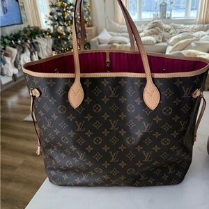 Brown flower nvrfull tote coated canvas and leather fushia and pouch